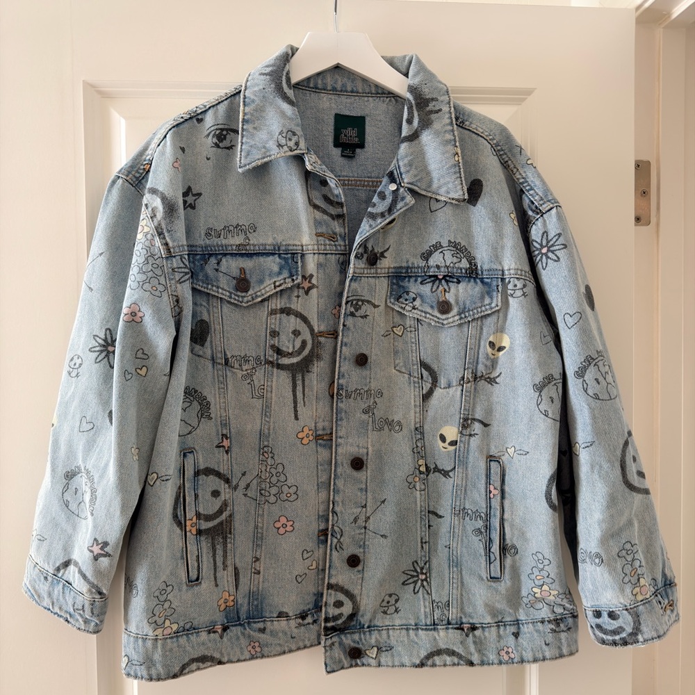 Wild Fable Blue Denim Jacket with Black and White Prints